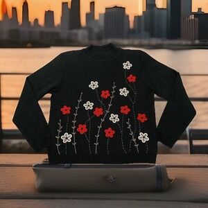 VTG 80s Alfred Dunner Sweater Petite L Floral Embroidered Knit Black Cottagecore